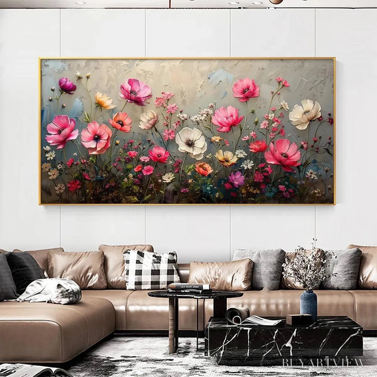 ARTOVITAS Summer Bloom – Textured Pink and White Floral Painting on Grey Background - image 2