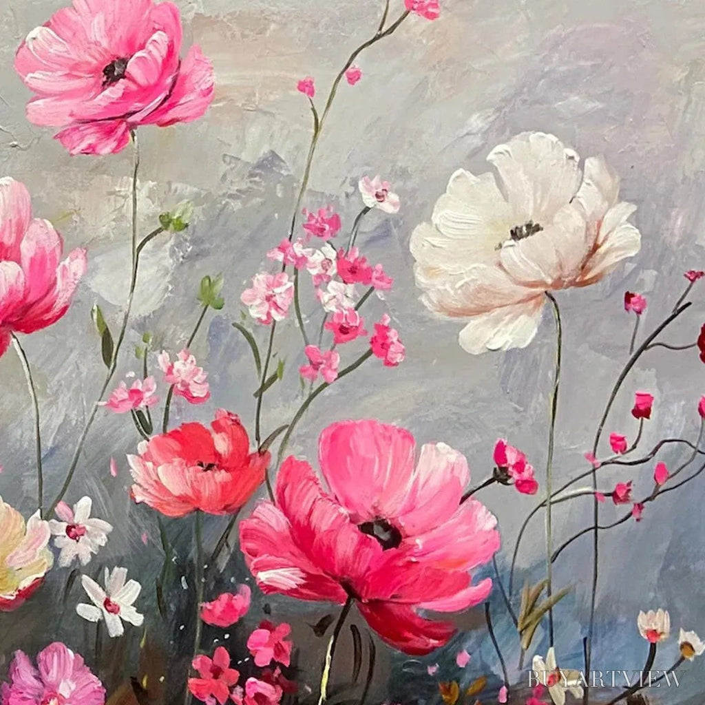 ARTOVITAS Summer Bloom – Textured Pink and White Floral Painting on Grey Background - image 3