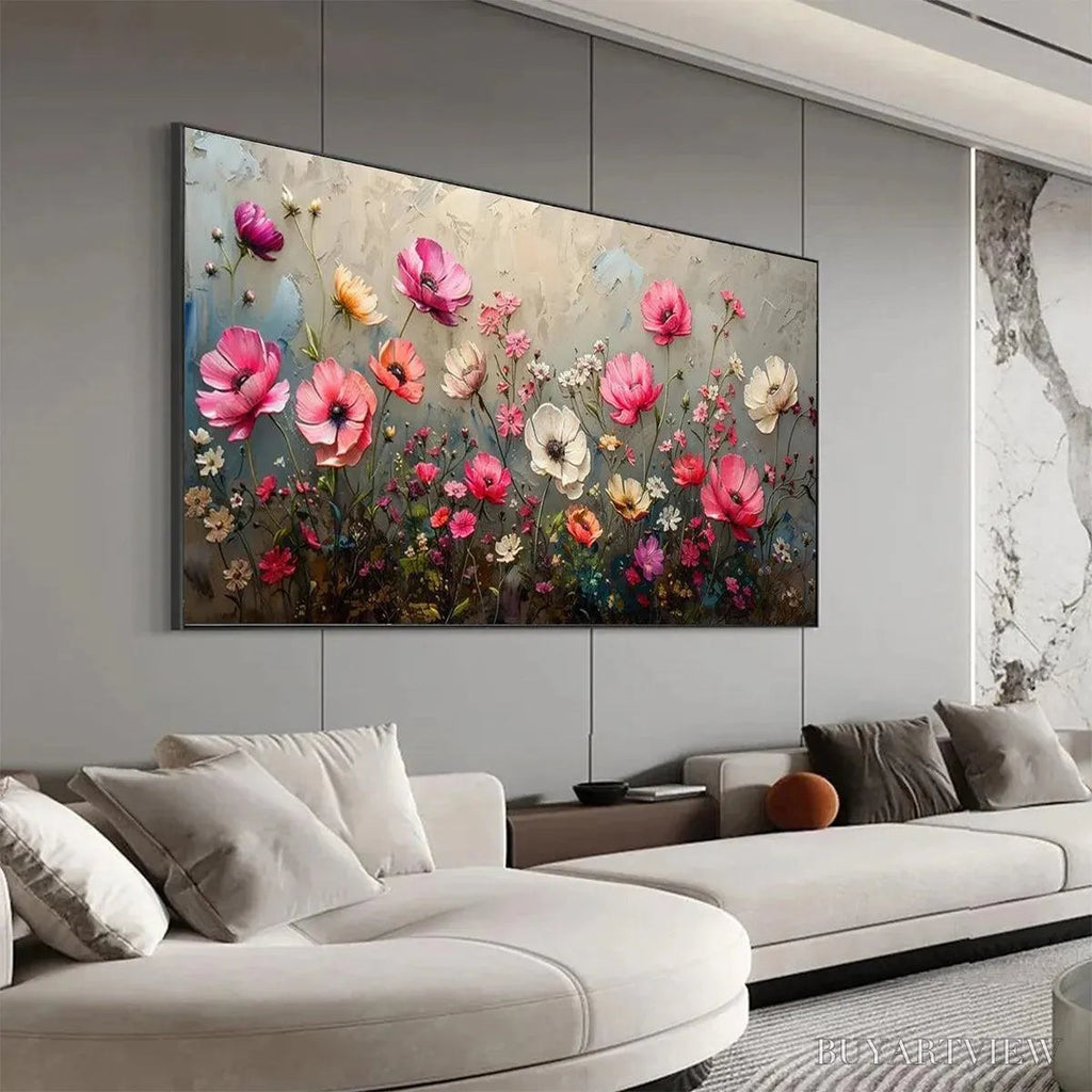 ARTOVITAS Summer Bloom – Textured Pink and White Floral Painting on Grey Background - image 4