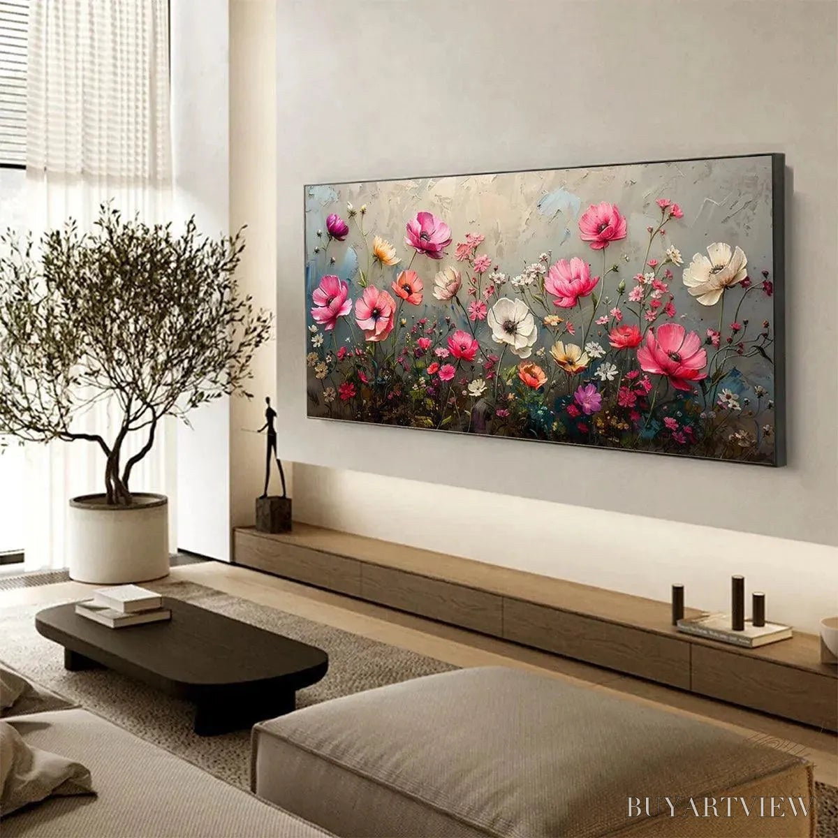 ARTOVITAS Summer Bloom – Textured Pink and White Floral Painting on Grey Background - image 5