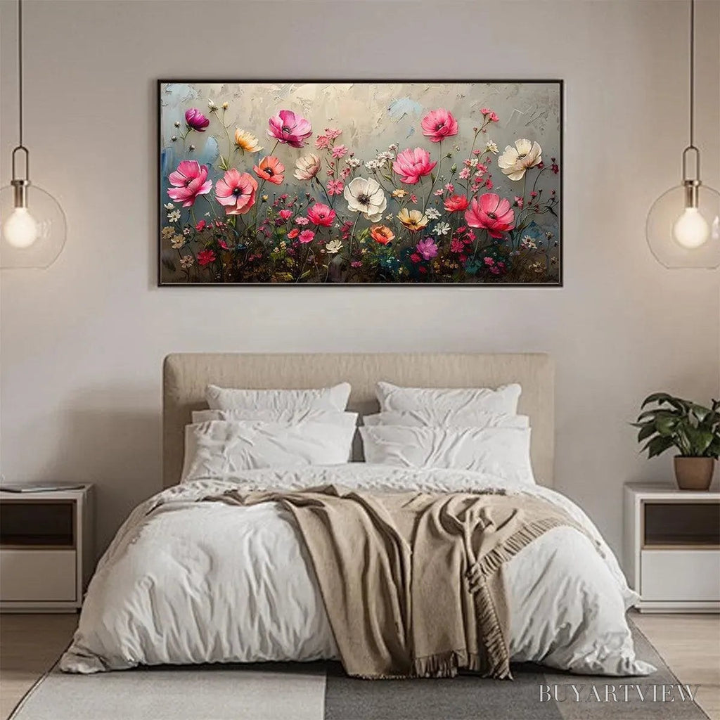ARTOVITAS Summer Bloom – Textured Pink and White Floral Painting on Grey Background - image 6