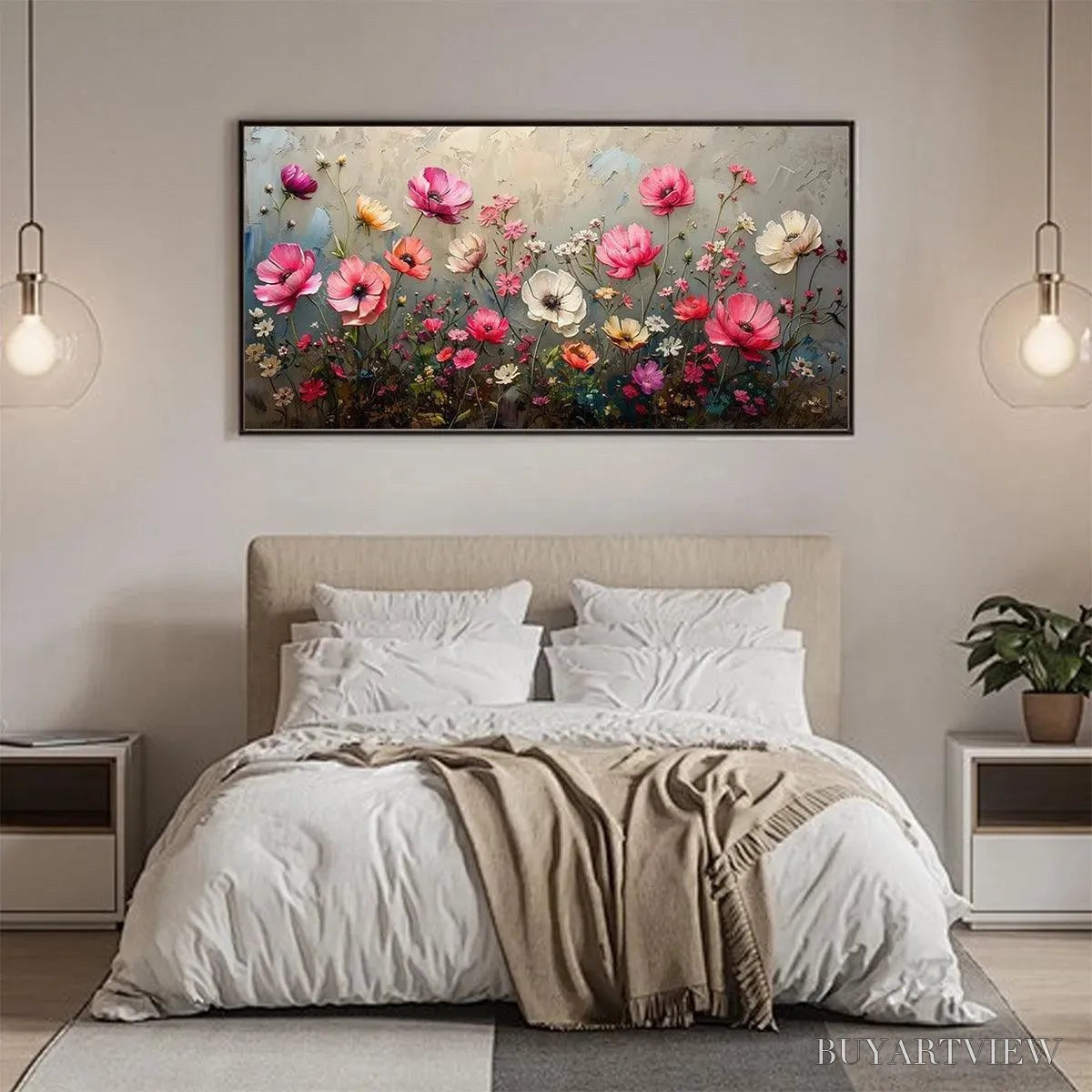 ARTOVITAS Summer Bloom – Textured Pink and White Floral Painting on Grey Background - image 6