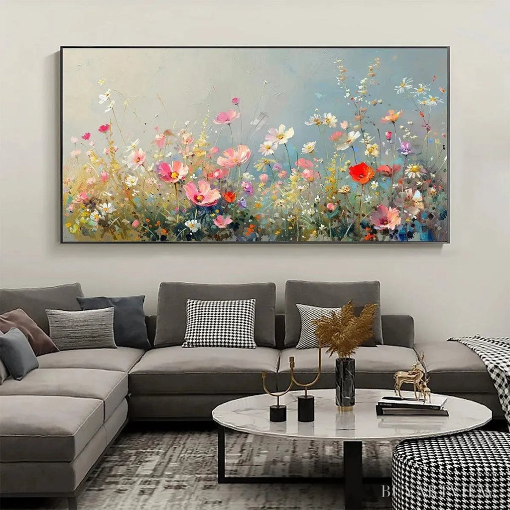 ARTOVITAS Wild Meadow – Panoramic Floral Landscape Painting in Pink and White - image 2