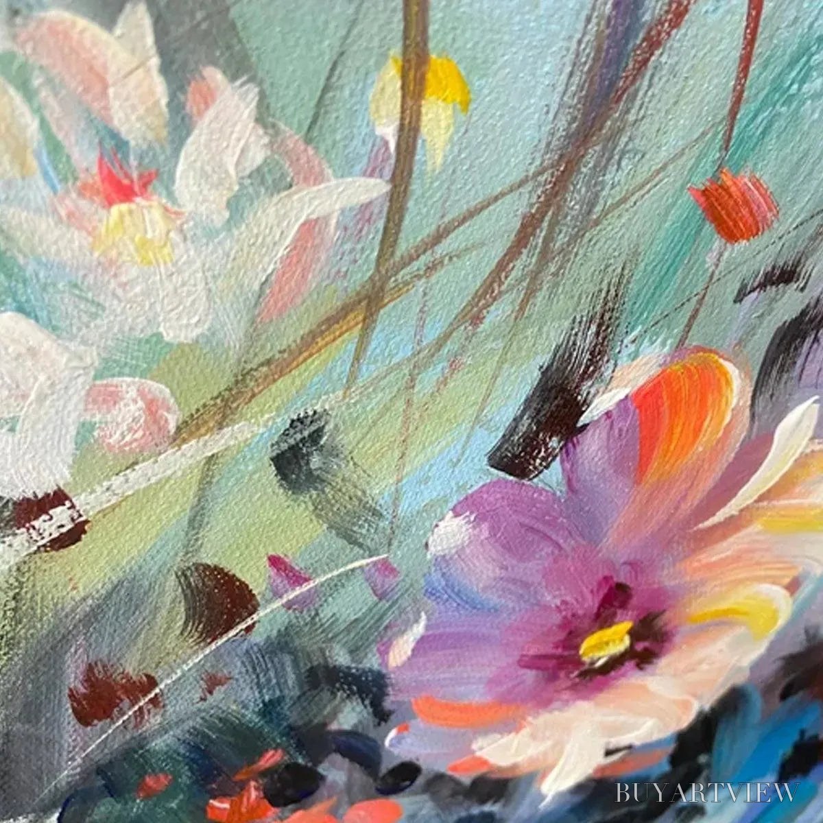 ARTOVITAS Wild Meadow – Panoramic Floral Landscape Painting in Pink and White - image 3