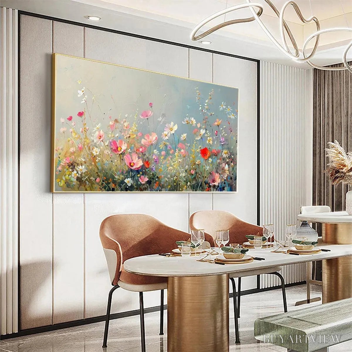ARTOVITAS Wild Meadow – Panoramic Floral Landscape Painting in Pink and White - image 4