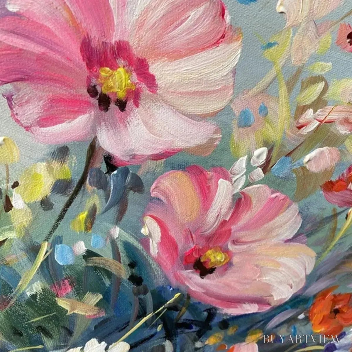 ARTOVITAS Wild Meadow – Panoramic Floral Landscape Painting in Pink and White - image 5