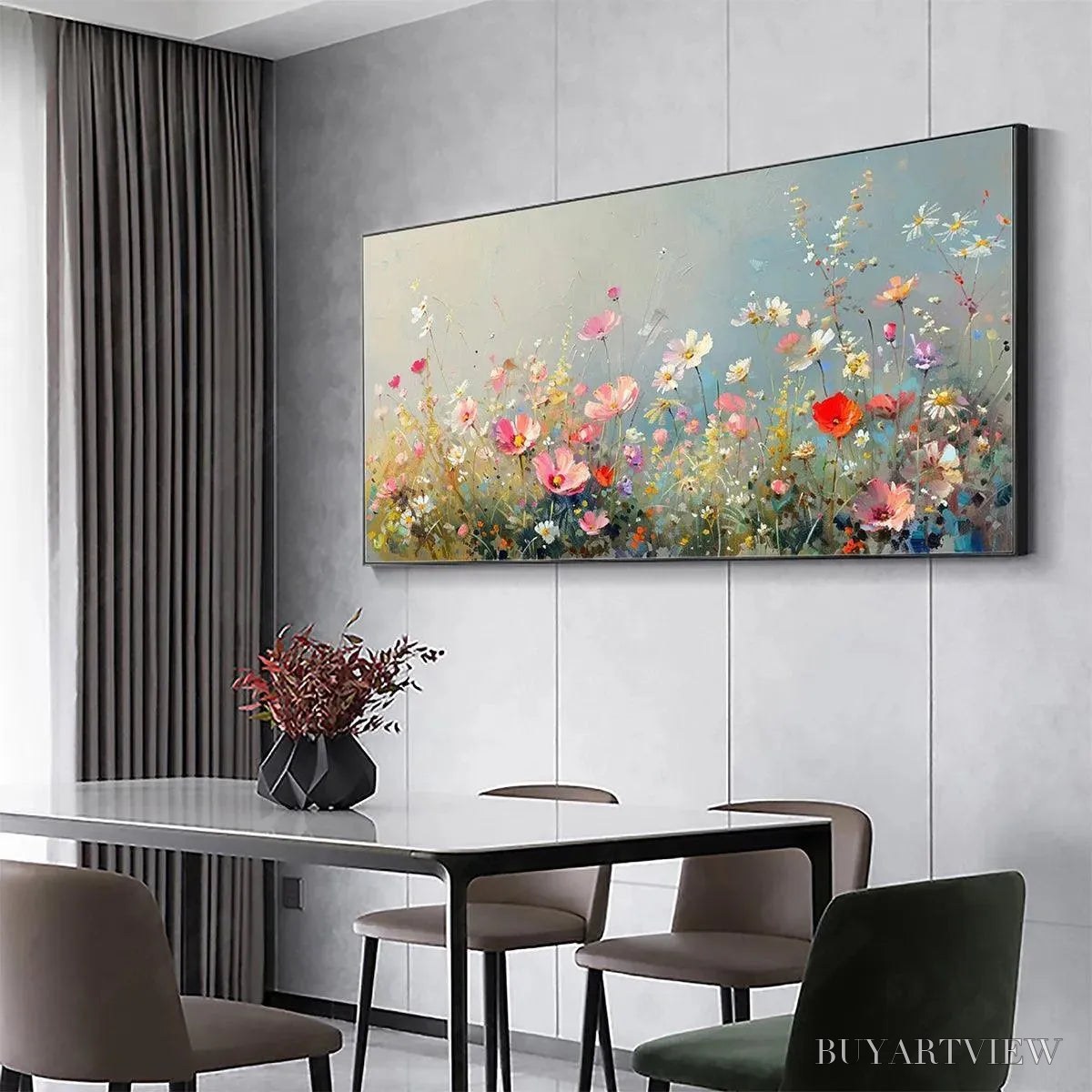 ARTOVITAS Wild Meadow – Panoramic Floral Landscape Painting in Pink and White - image 6
