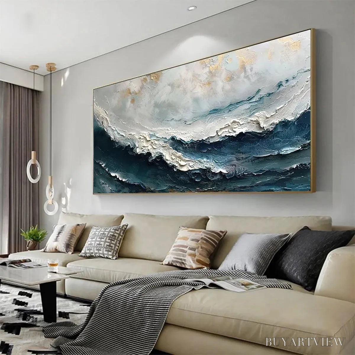 ARTOVITAS Ocean Dream – Textured Abstract Ocean Painting in Blue, White, and Gold - image 4