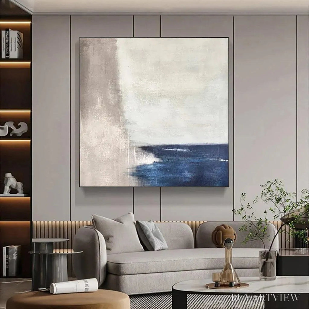 ARTOVITAS Serene Shore – Minimalist Abstract Coastal Painting in Blue and Beige - image 4