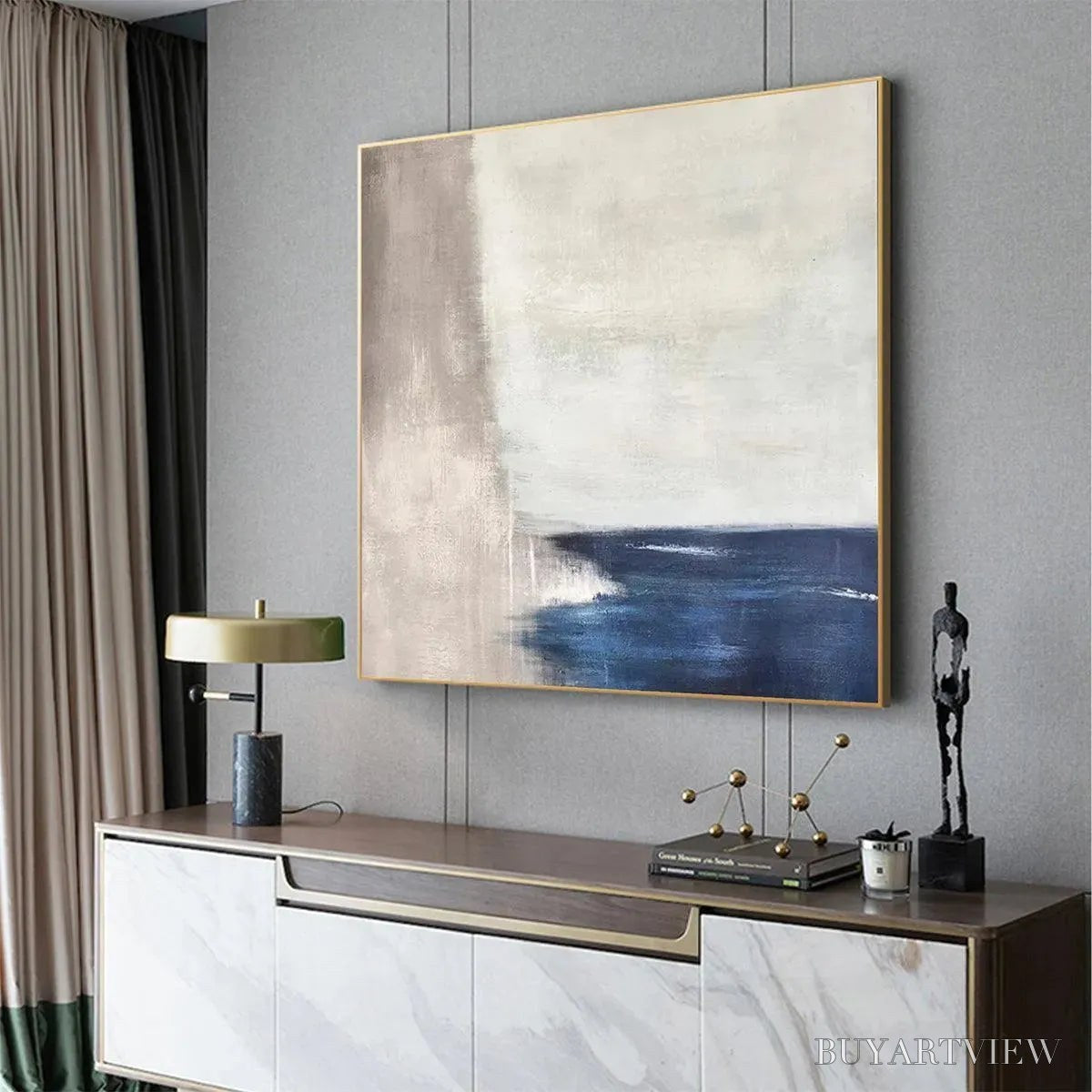 ARTOVITAS Serene Shore – Minimalist Abstract Coastal Painting in Blue and Beige - image 5
