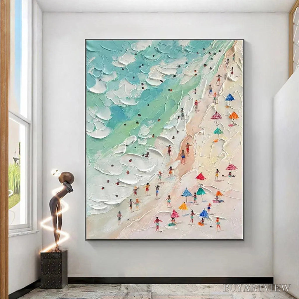 ARTOVITAS Beach Day – Textured Beach Scene Painting with Colorful Umbrellas - image 2
