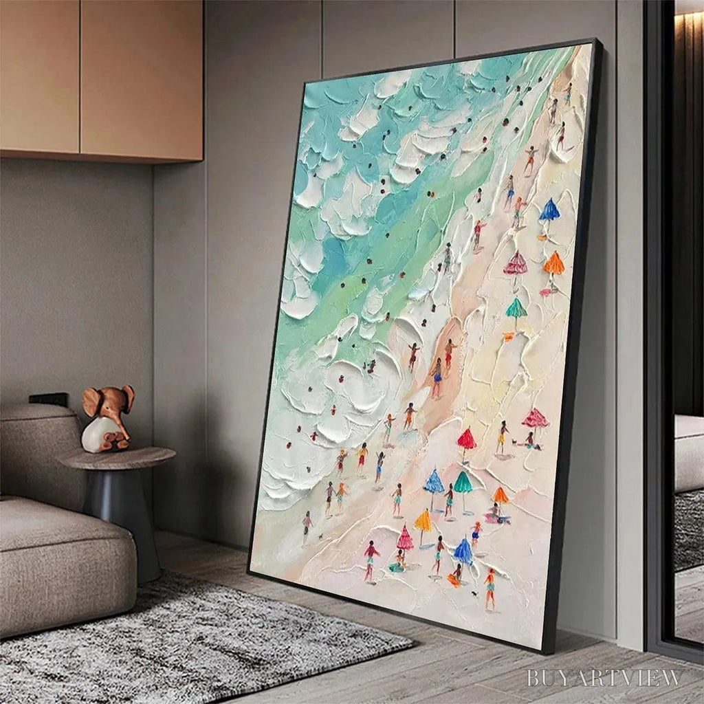 ARTOVITAS Beach Day – Textured Beach Scene Painting with Colorful Umbrellas - image 4