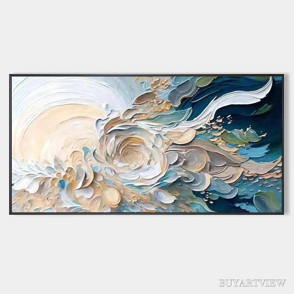 ARTOVITAS Oceanic Bloom – Textured Abstract Floral Painting in Blue and Beige - image 1