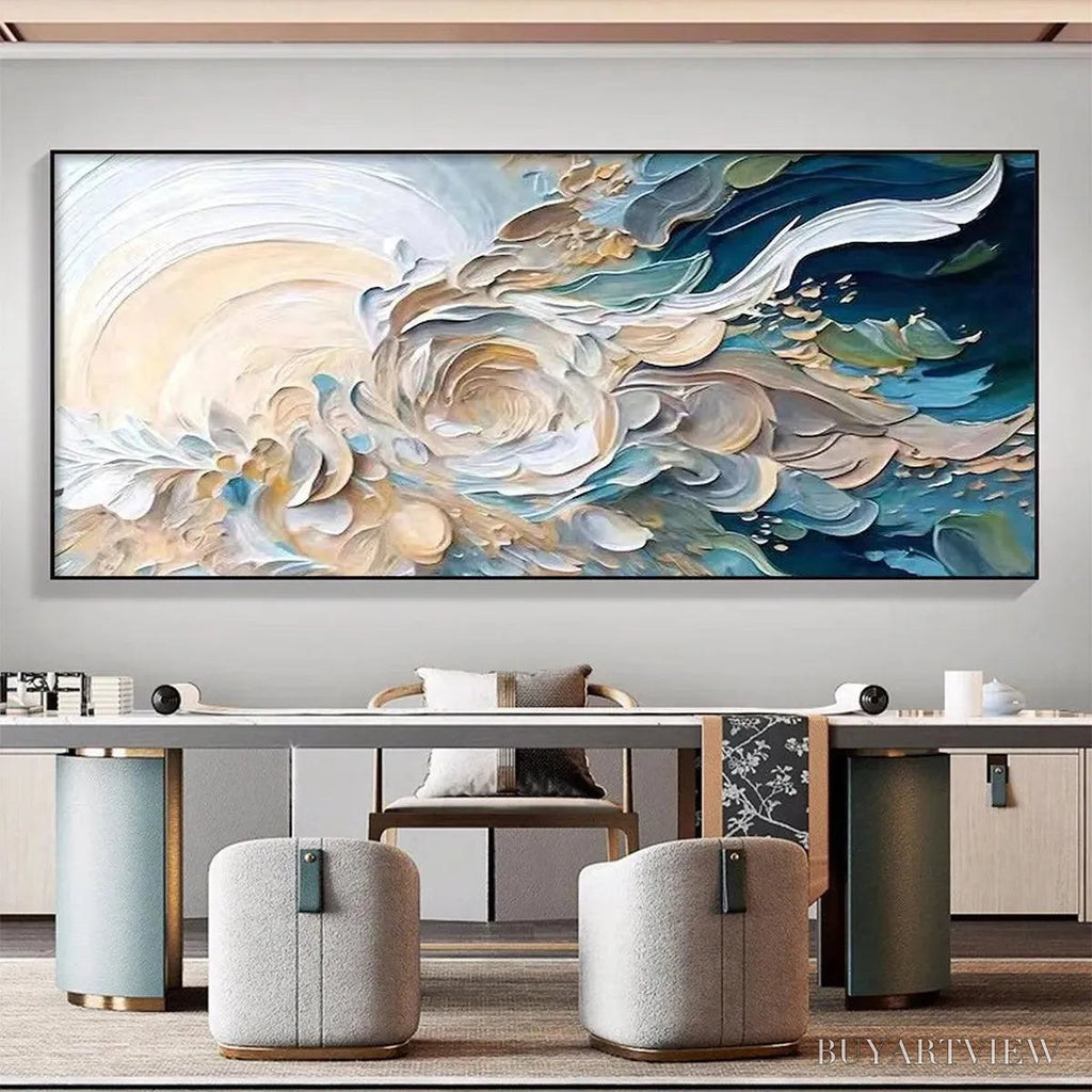 ARTOVITAS Oceanic Bloom – Textured Abstract Floral Painting in Blue and Beige - image 2