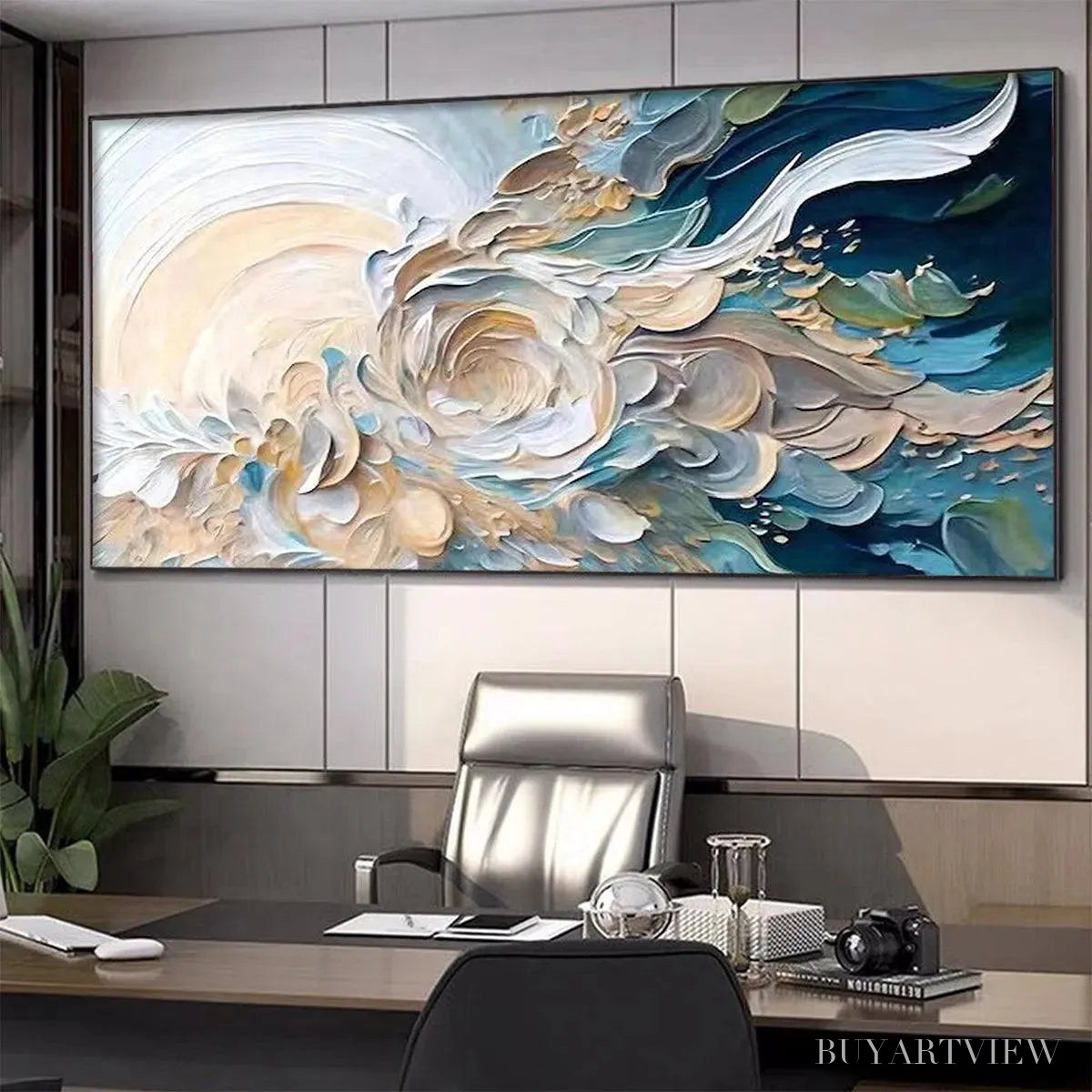 ARTOVITAS Oceanic Bloom – Textured Abstract Floral Painting in Blue and Beige - image 4