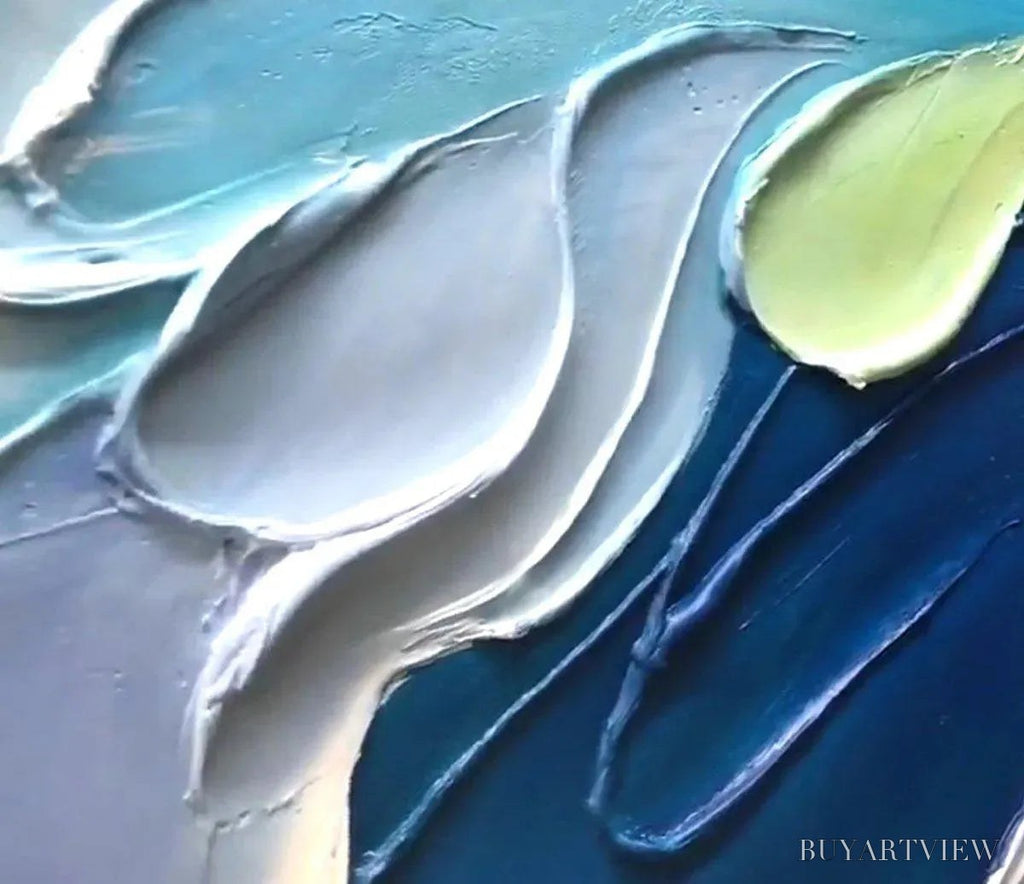 ARTOVITAS Oceanic Bloom – Textured Abstract Floral Painting in Blue and Beige - image 5