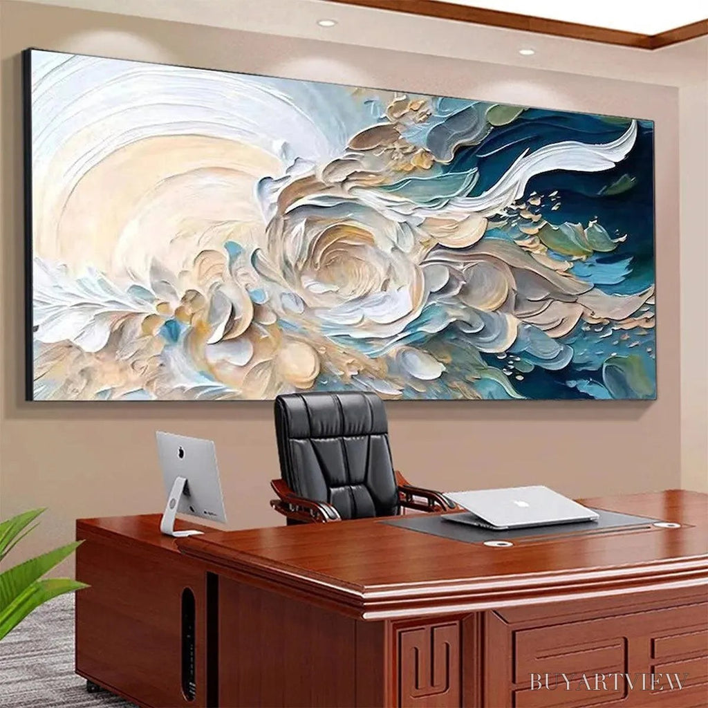 ARTOVITAS Oceanic Bloom – Textured Abstract Floral Painting in Blue and Beige - image 6