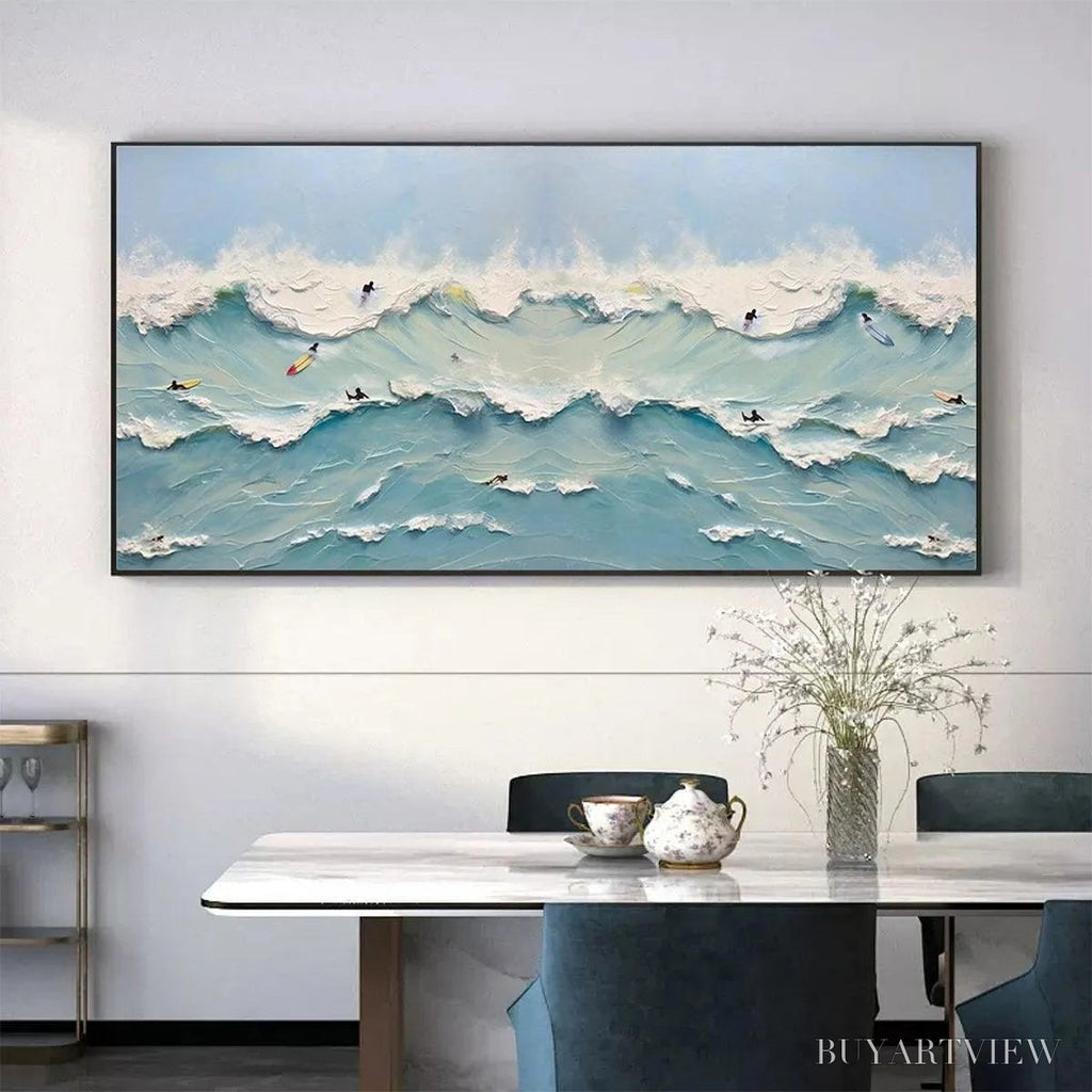 ARTOVITAS Ocean'S Heartbeat – Panoramic Ocean Wave Painting with Surfers - image 5