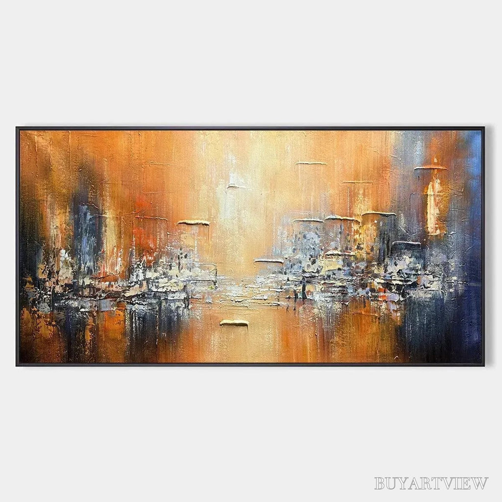 ARTOVITAS Golden City – Textured Abstract Cityscape Painting in Orange and Blue - image 1