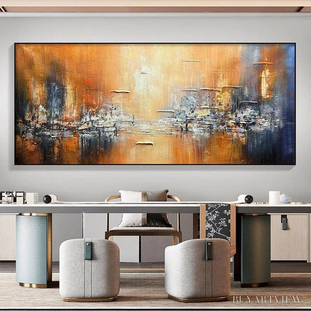 ARTOVITAS Golden City – Textured Abstract Cityscape Painting in Orange and Blue - image 2
