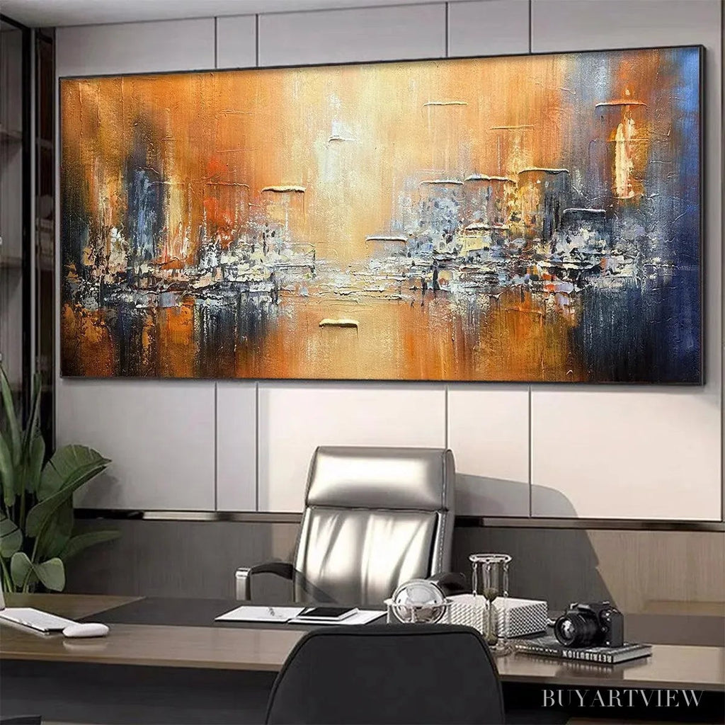 ARTOVITAS Golden City – Textured Abstract Cityscape Painting in Orange and Blue - image 4
