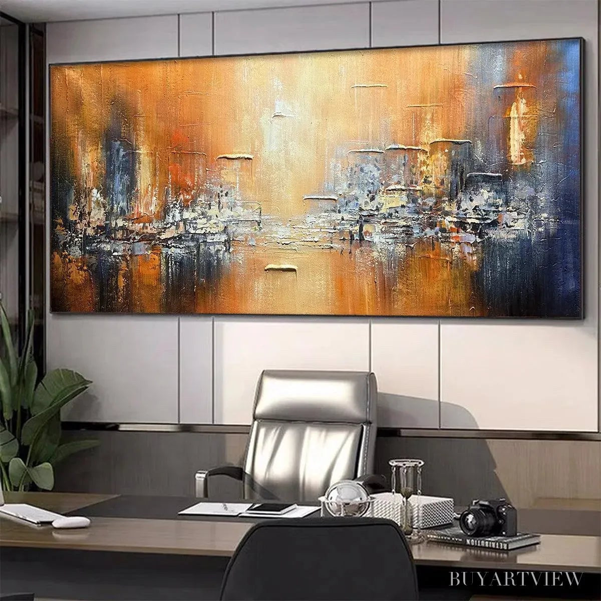ARTOVITAS Golden City – Textured Abstract Cityscape Painting in Orange and Blue - image 4
