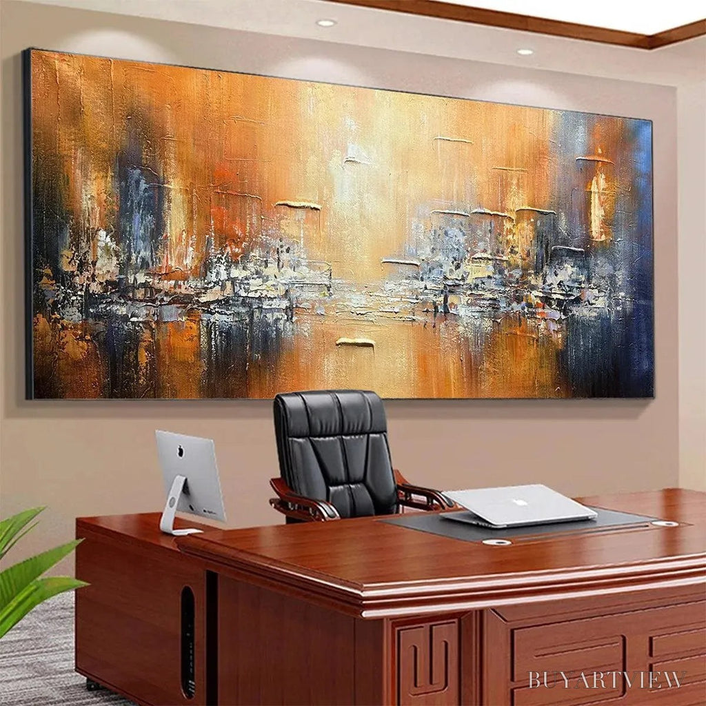 ARTOVITAS Golden City – Textured Abstract Cityscape Painting in Orange and Blue - image 6