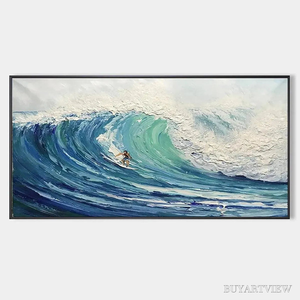 ARTOVITAS Emerald Surge – Textured Blue Ocean Wave Painting with Surfer - image 1