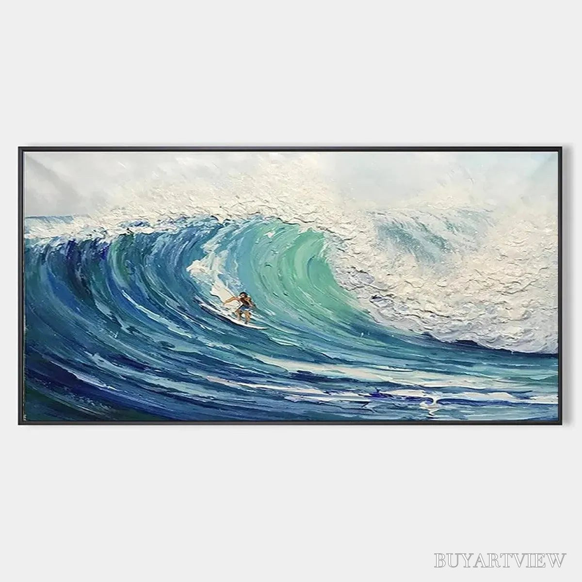 ARTOVITAS Emerald Surge – Textured Blue Ocean Wave Painting with Surfer - image 1