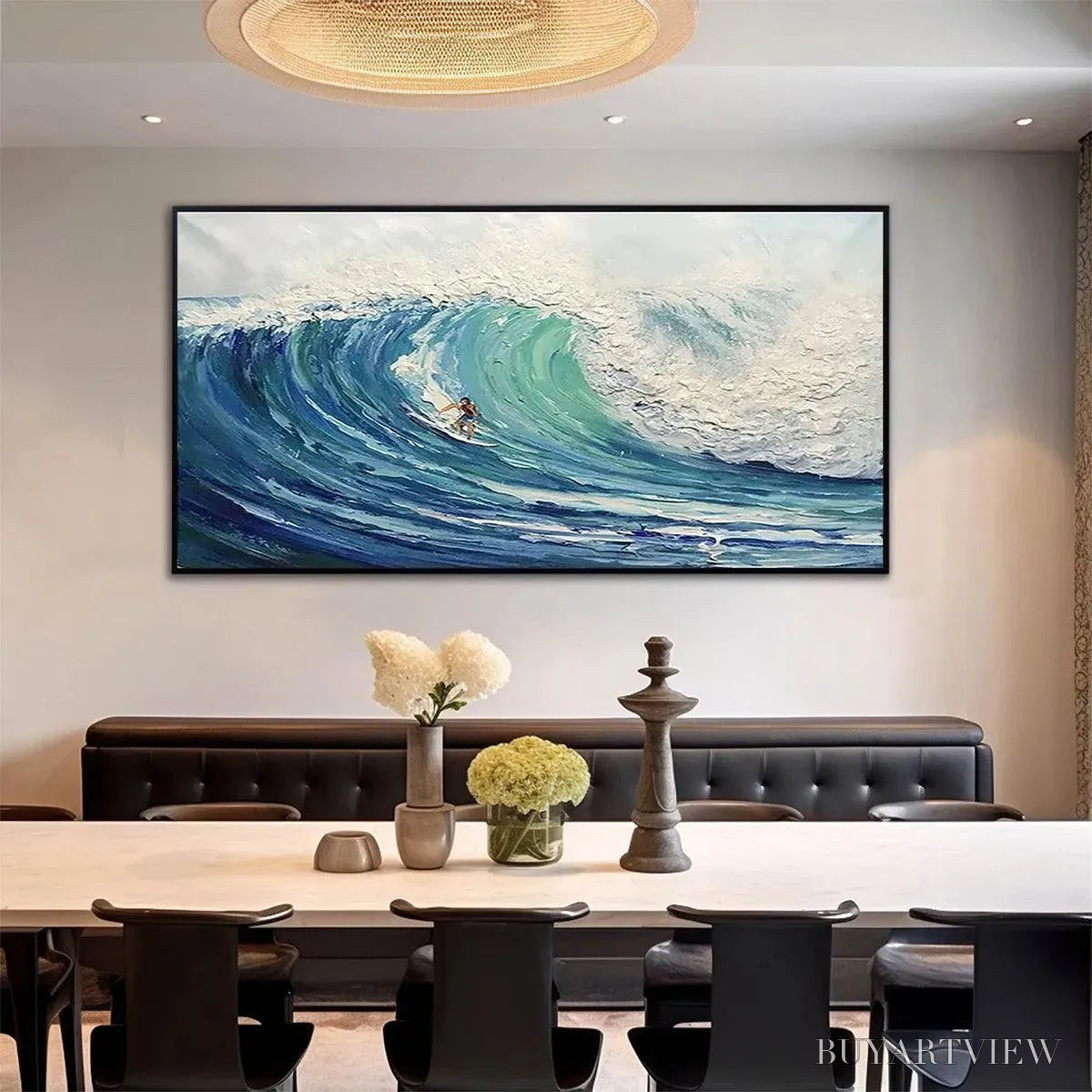 ARTOVITAS Emerald Surge – Textured Blue Ocean Wave Painting with Surfer - image 2