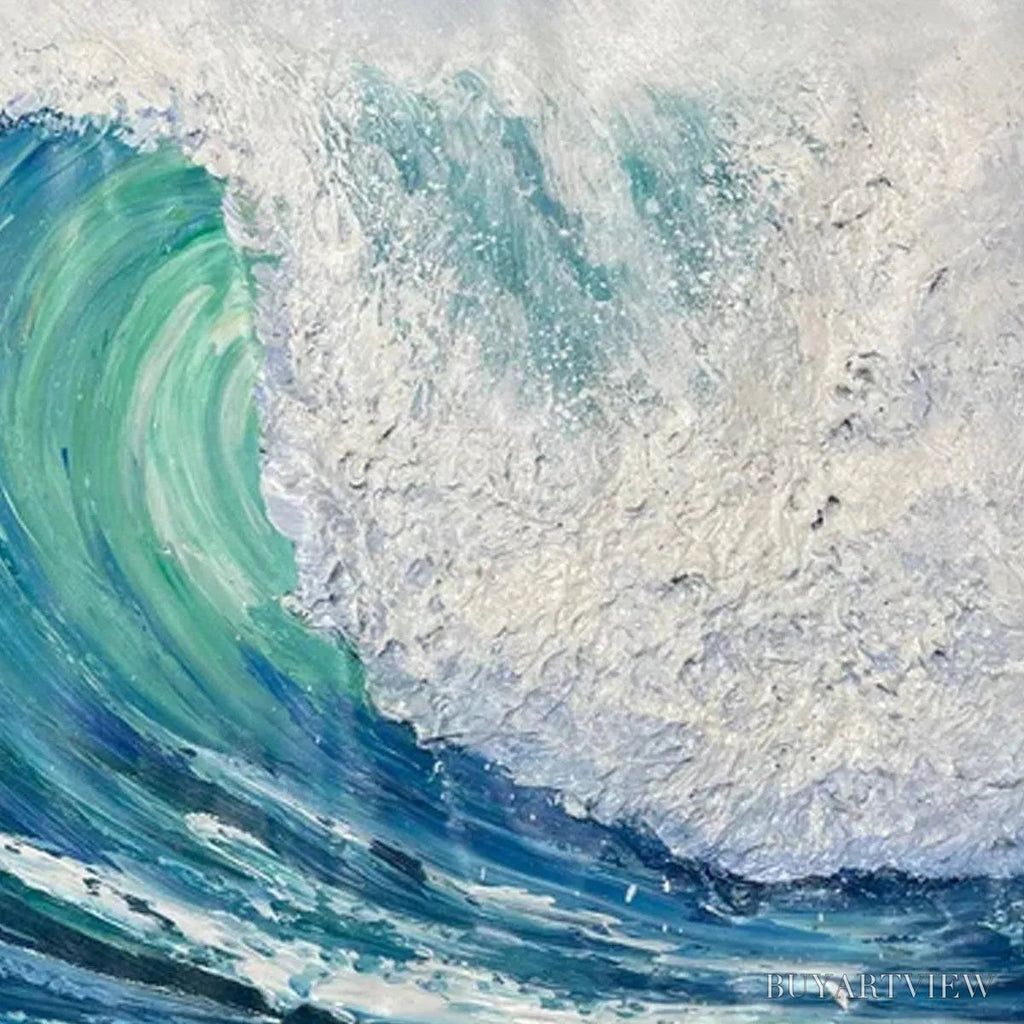 ARTOVITAS Emerald Surge – Textured Blue Ocean Wave Painting with Surfer - image 3