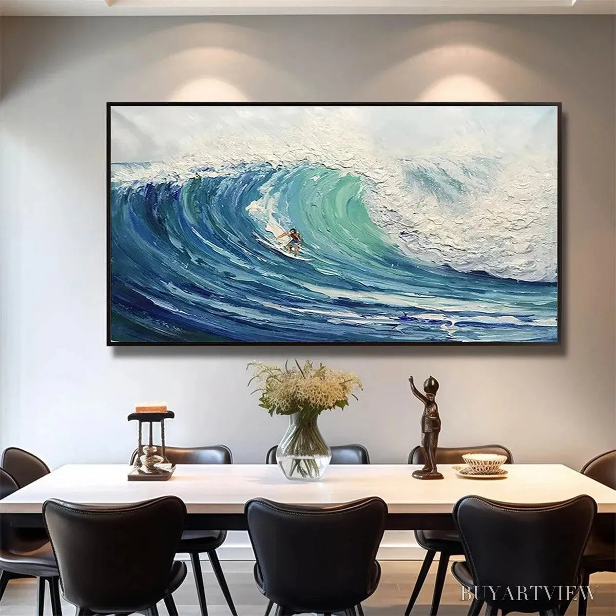 ARTOVITAS Emerald Surge – Textured Blue Ocean Wave Painting with Surfer - image 4