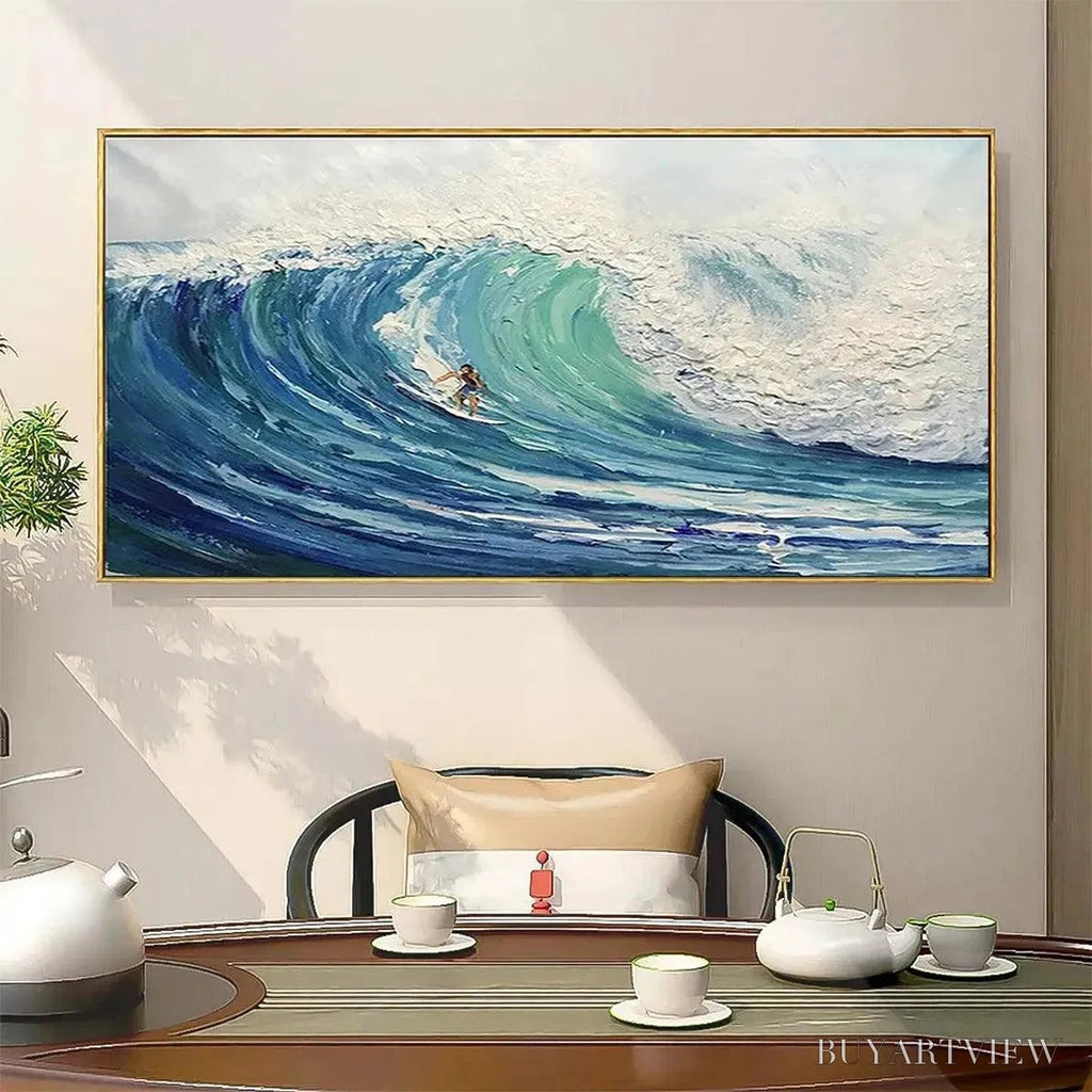 ARTOVITAS Emerald Surge – Textured Blue Ocean Wave Painting with Surfer - image 5
