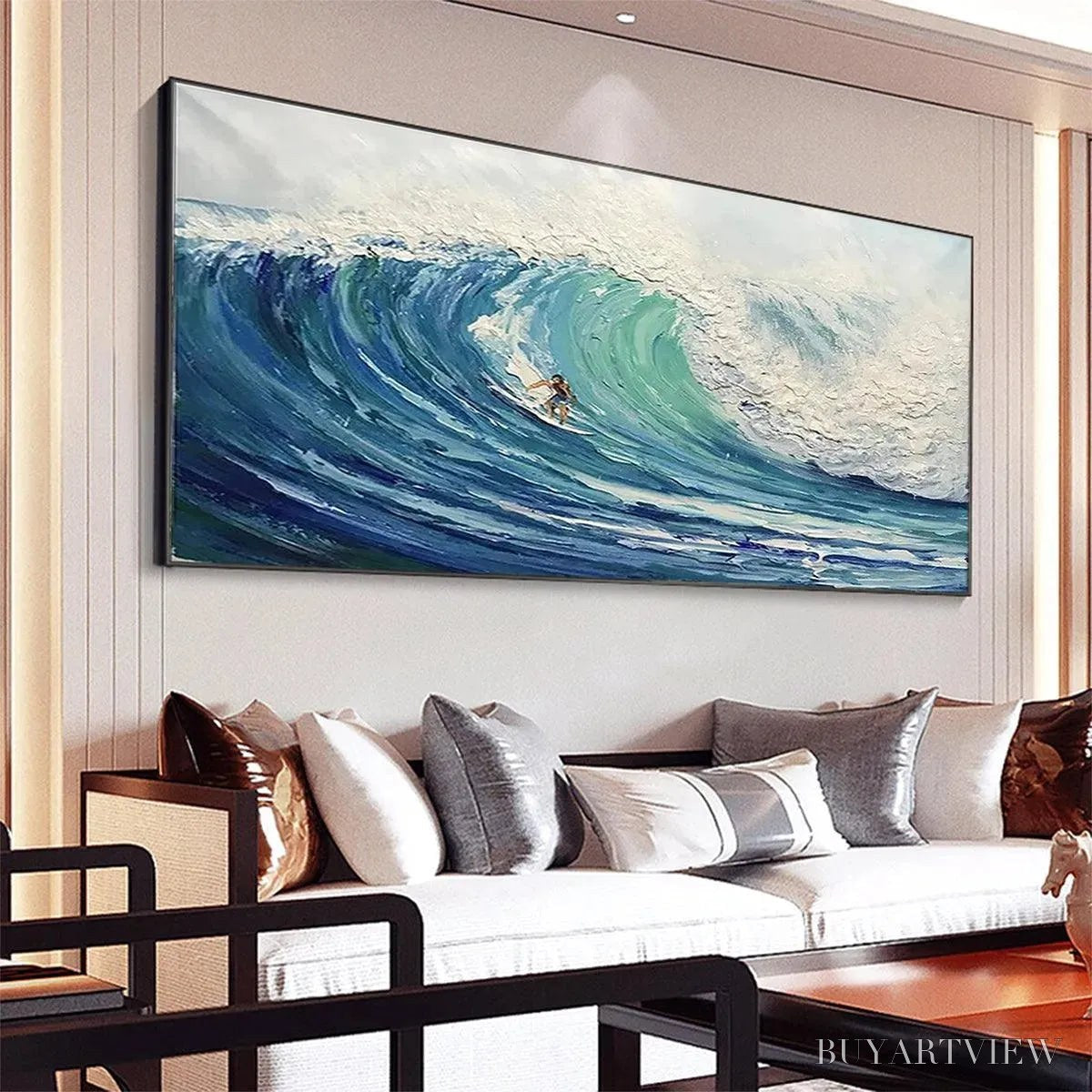 ARTOVITAS Emerald Surge – Textured Blue Ocean Wave Painting with Surfer - image 6