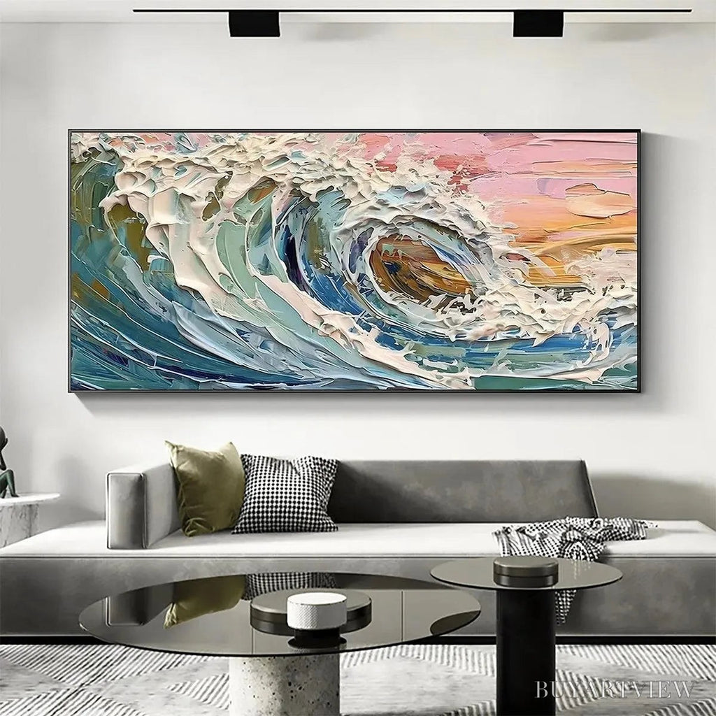 ARTOVITAS Coral Crest – Textured Ocean Wave Painting in Pink and Blue - image 2