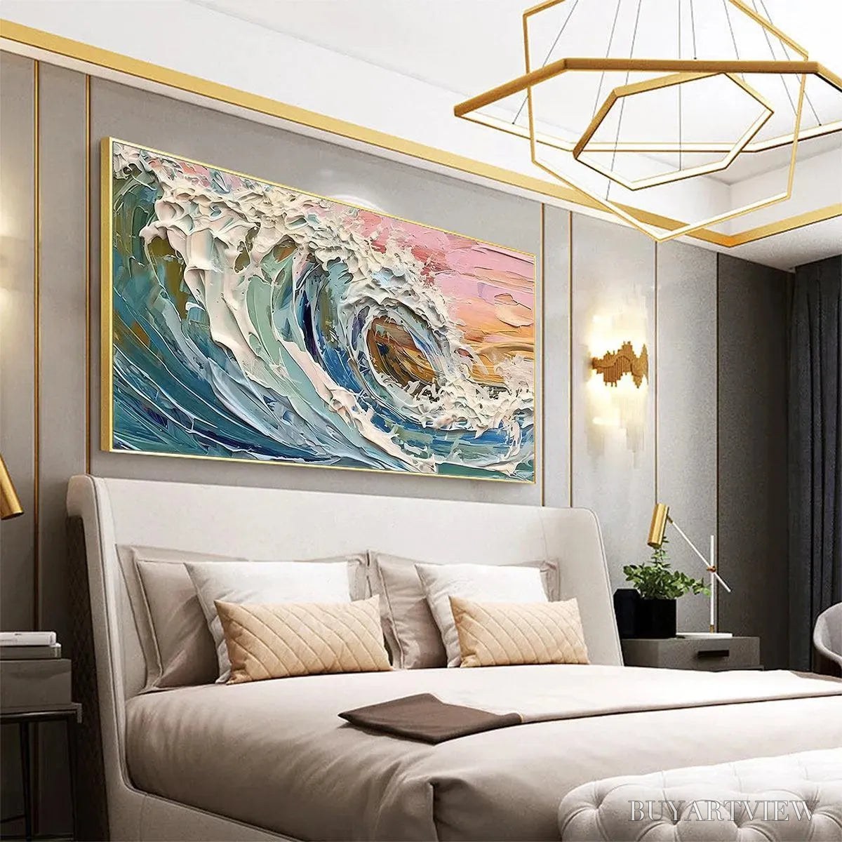 ARTOVITAS Coral Crest – Textured Ocean Wave Painting in Pink and Blue - image 4