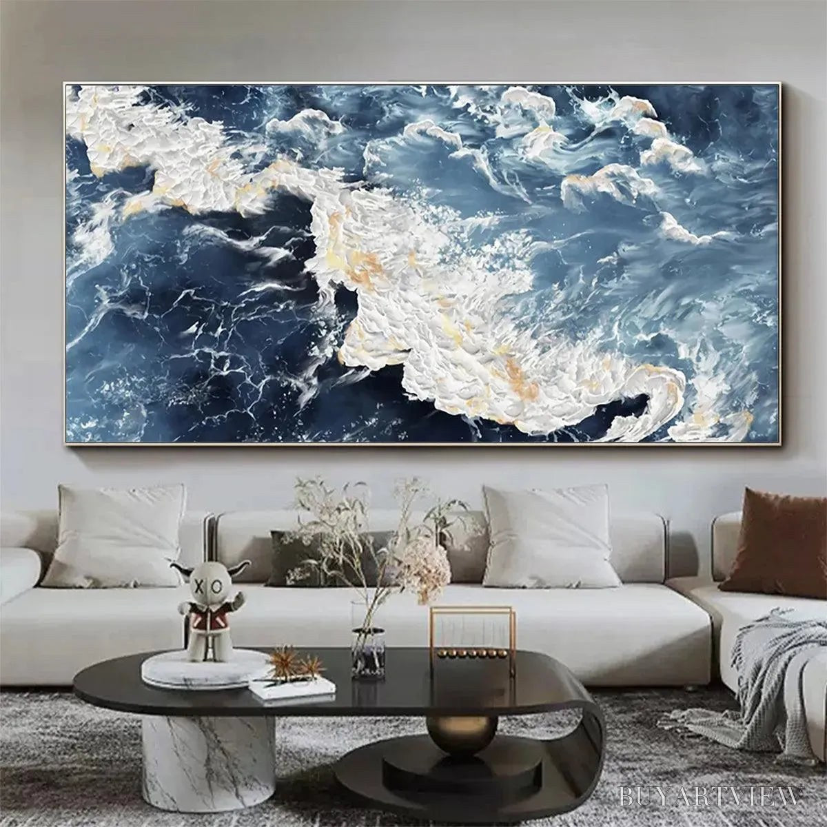 ARTOVITAS Azure Whispers – Panoramic Abstract Ocean Painting in Blue and Gold - image 2