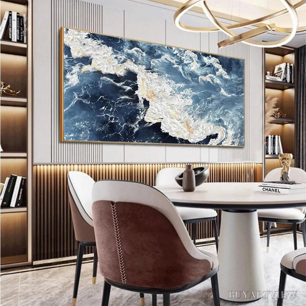 ARTOVITAS Azure Whispers – Panoramic Abstract Ocean Painting in Blue and Gold - image 4