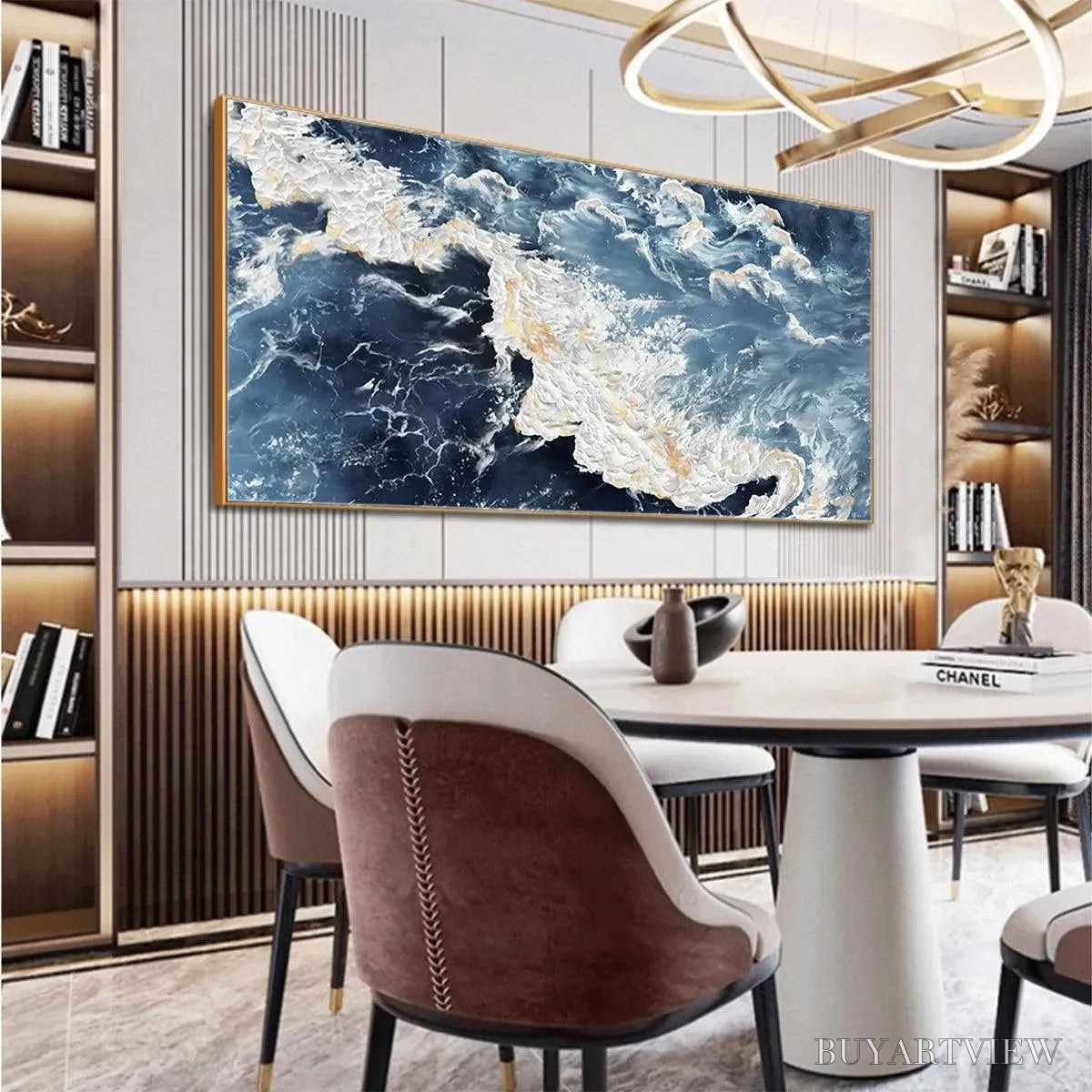 ARTOVITAS Azure Whispers – Panoramic Abstract Ocean Painting in Blue and Gold - image 4