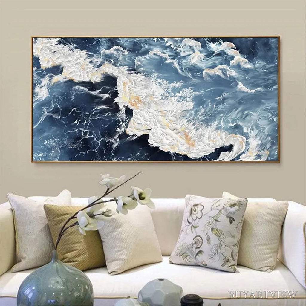 ARTOVITAS Azure Whispers – Panoramic Abstract Ocean Painting in Blue and Gold - image 5