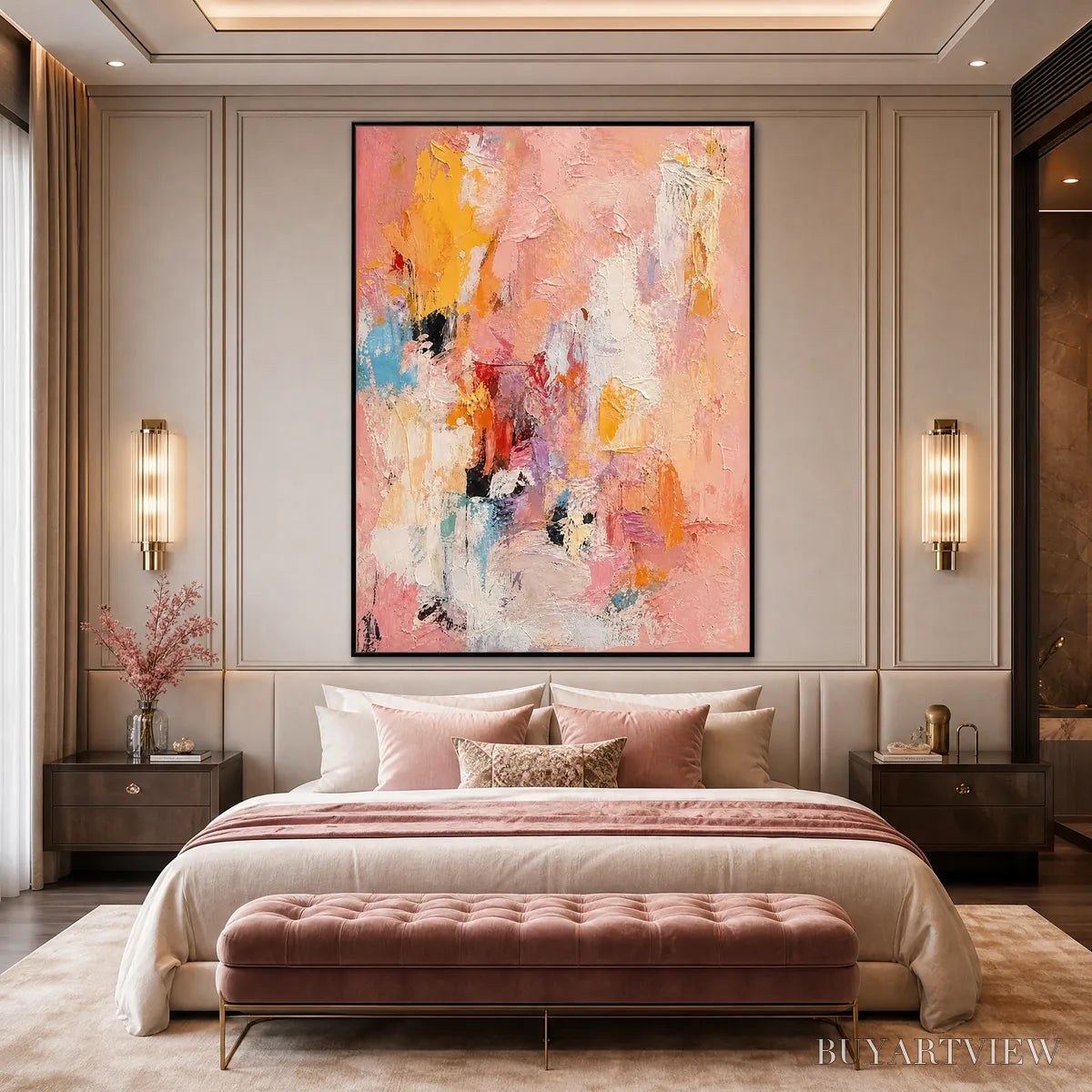 ARTOVITAS Blushing Dawn – Vertical Textured Abstract Oil Painting in Pink - image 5