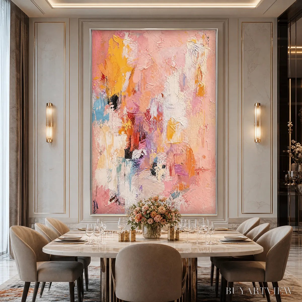 ARTOVITAS Blushing Dawn – Vertical Textured Abstract Oil Painting in Pink - image 6