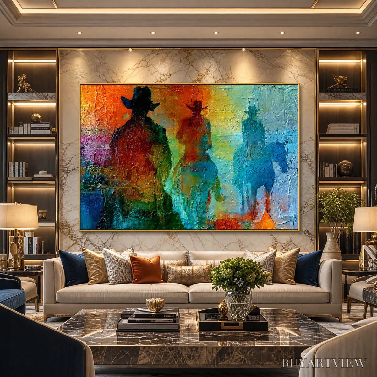 ARTOVITAS Horizon Riders – Textured Abstract Western Painting of Riders on Horseback - image 4