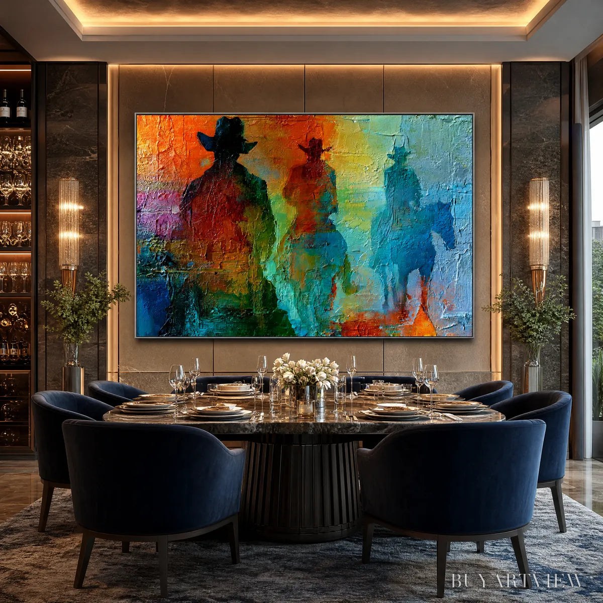 ARTOVITAS Horizon Riders – Textured Abstract Western Painting of Riders on Horseback - image 5