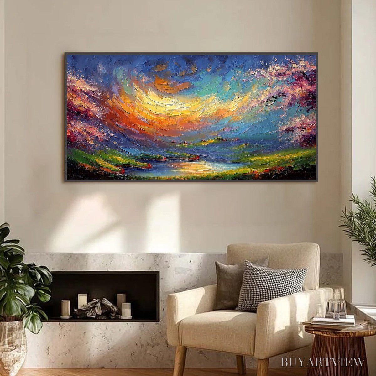 ARTOVITAS Celestial Embrace – Heavily Textured Impasto Landscape Painting of a Vibrant Sunset - image 2