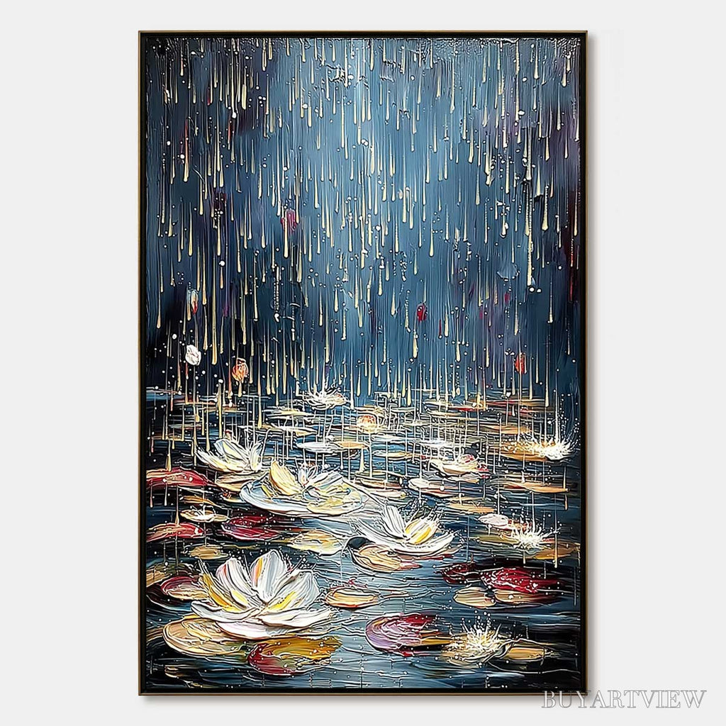 ARTOVITAS Celestial Pond – Textured Impasto Painting of Luminous Water Lilies - image 1
