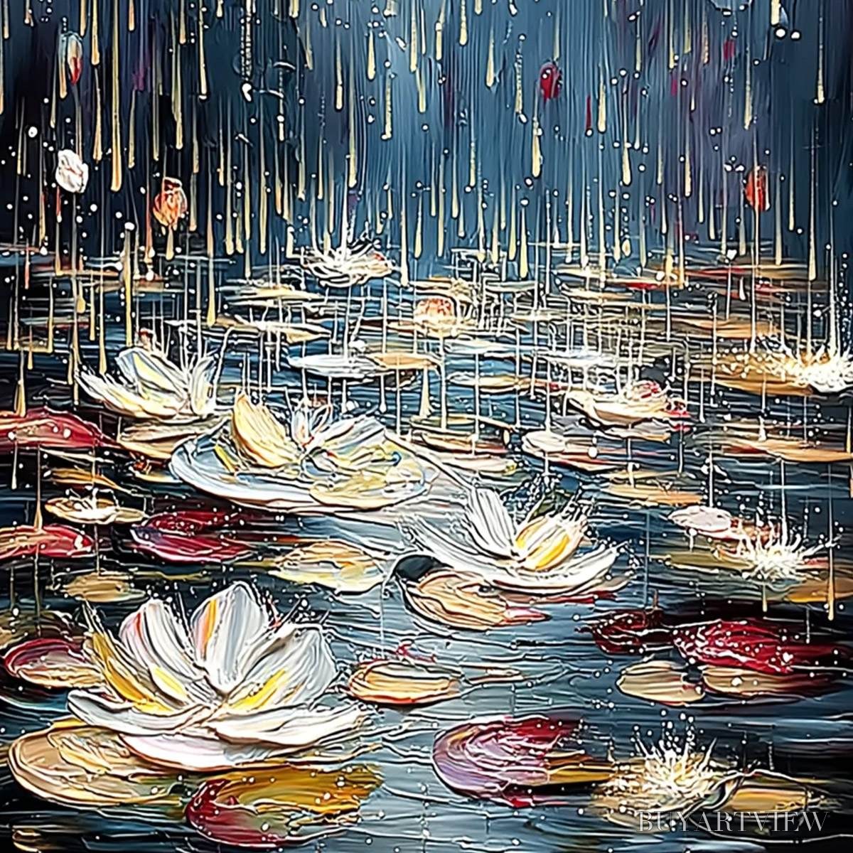 ARTOVITAS Celestial Pond – Textured Impasto Painting of Luminous Water Lilies - image 5