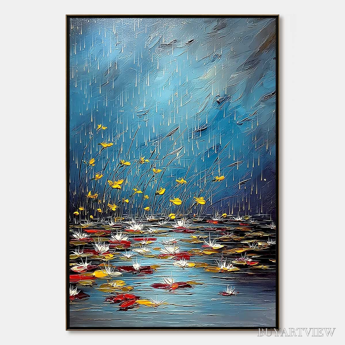 ARTOVITAS Azure Reverie – Textured Impasto Painting of a Lily Pond in the Rain - image 1