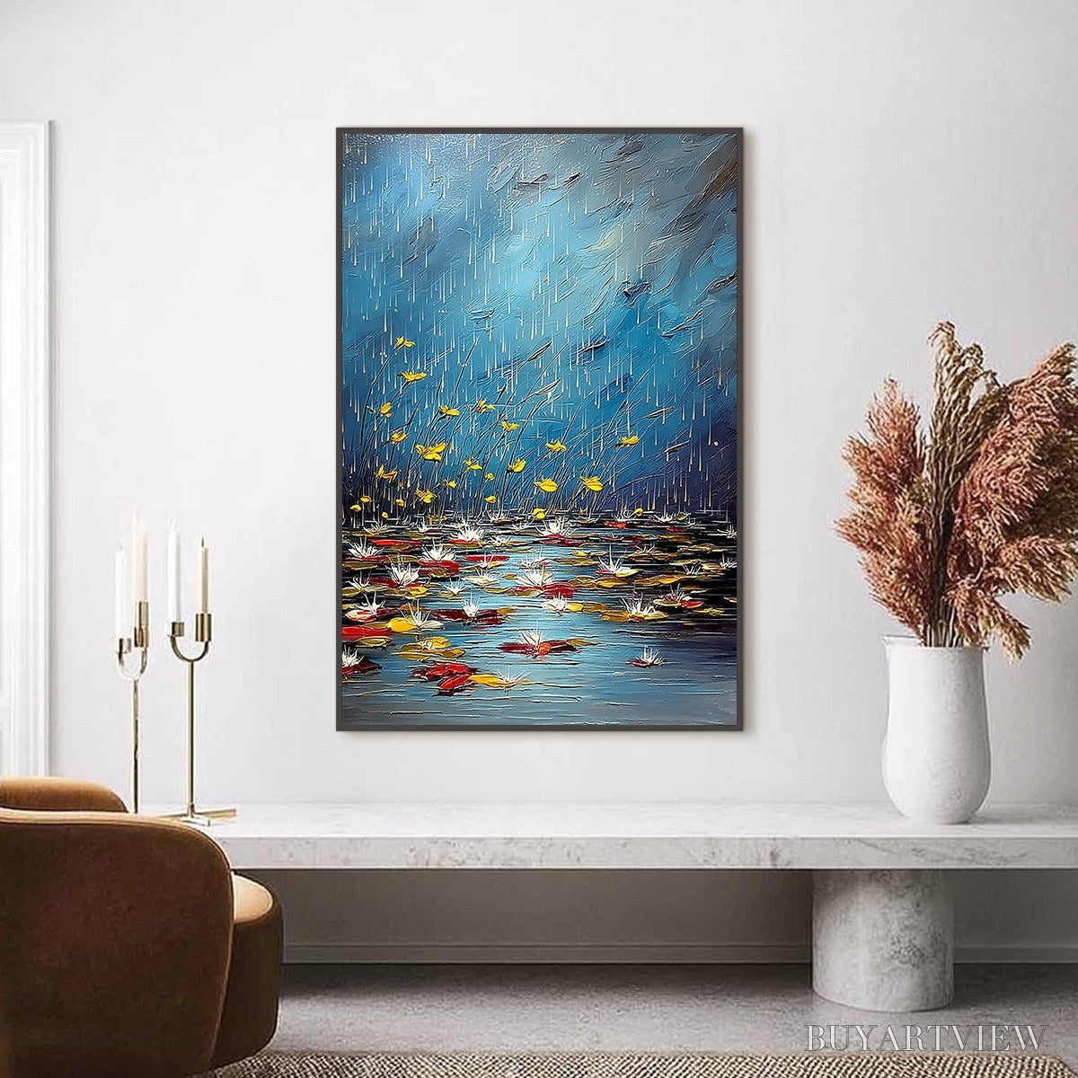 ARTOVITAS Azure Reverie – Textured Impasto Painting of a Lily Pond in the Rain - image 2