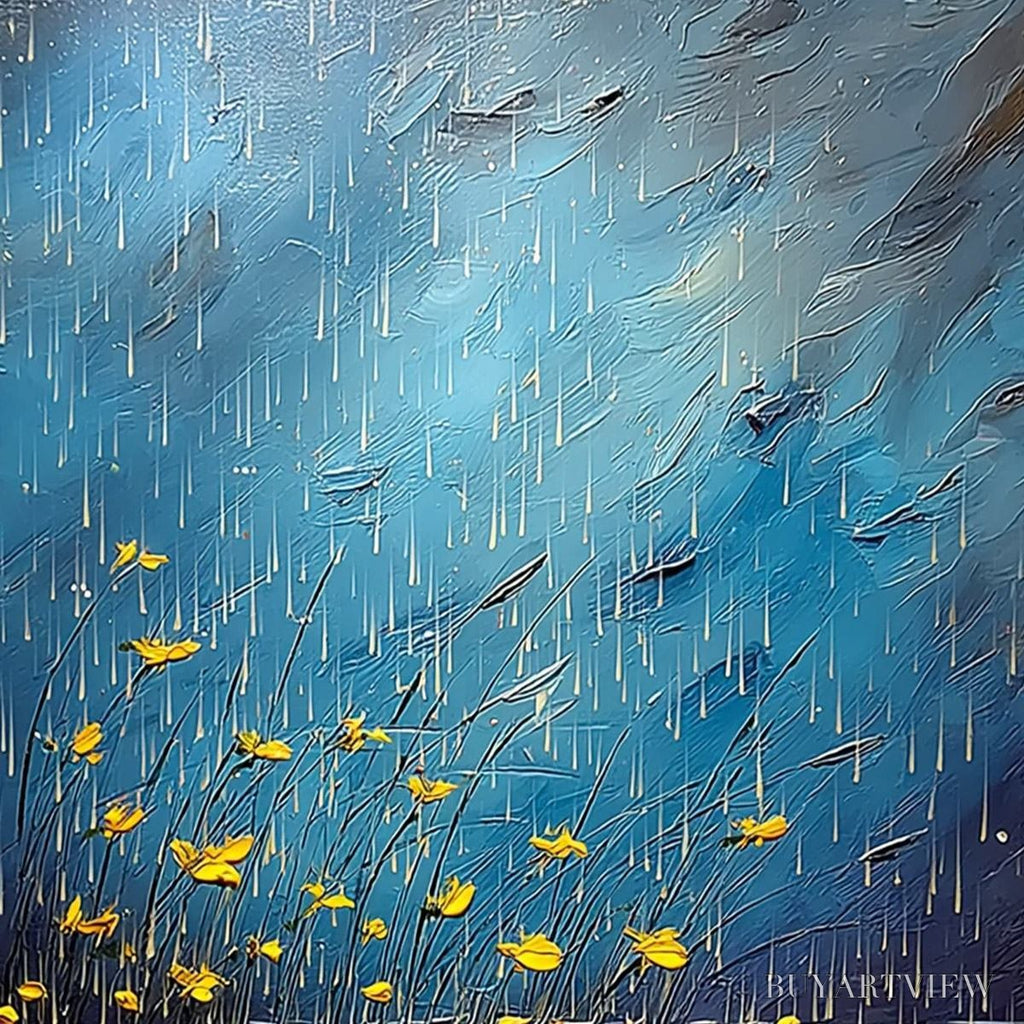 ARTOVITAS Azure Reverie – Textured Impasto Painting of a Lily Pond in the Rain - image 3